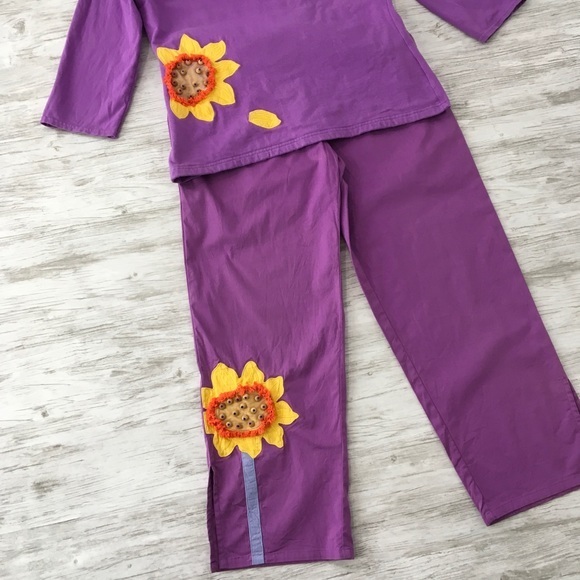 Vintage 90’s Y2K Emma Tricot Sunflower Shirt Pant Set M S Purple Yellow Woman’s - Picture 9 of 12